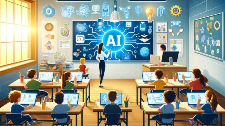 A modern classroom with a teacher presenting AI‑powered learning tools on a large digital screen while students use laptops, highlighting how artificial intelligence supports English and ESL teaching.