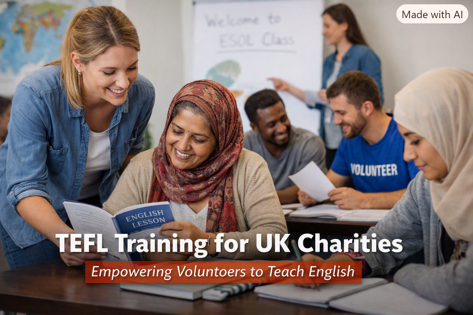 Adult learners sit in a classroom during an ESOL lesson, with a volunteer helping a student holding an “English Lesson” booklet. A whiteboard reads “Welcome to ESOL Class,” and an overlay says “TEFL Training for UK Charities – Empowering Volunteers to Teach English.”