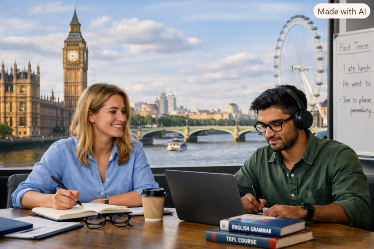 Two students study TEFL together in a bright classroom overlooking the River Thames, with Big Ben and the London Eye visible in the background. A woman writes in a notebook while a man works on a laptop surrounded by TEFL textbooks, representing London Teacher Training College’s worldwide online learning.