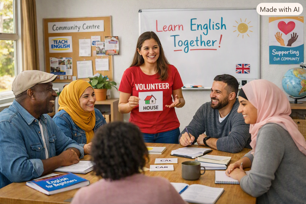 A diverse group of adult learners and volunteers sit around a table at a community centre during an English lesson. A smiling volunteer in a red “VOLUNTEER” t‑shirt holds up a flashcard that says “HOUSE” while others laugh and engage. A whiteboard behind her reads “Learn English Together!” with colourful drawings and a British flag, creating a warm, inclusive atmosphere that highlights TEFL training for UK charities.