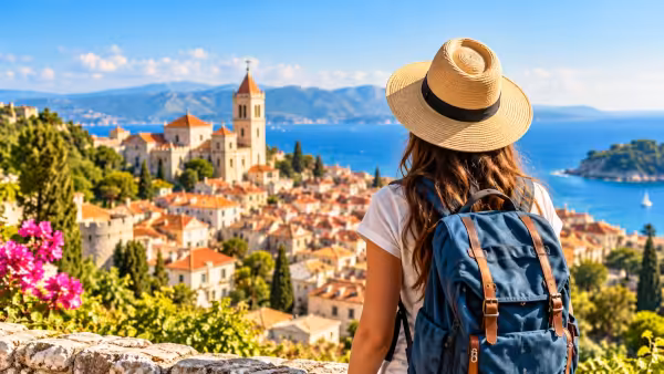 Traveller overlooking a coastal town while starting a TEFL teaching journey abroad
