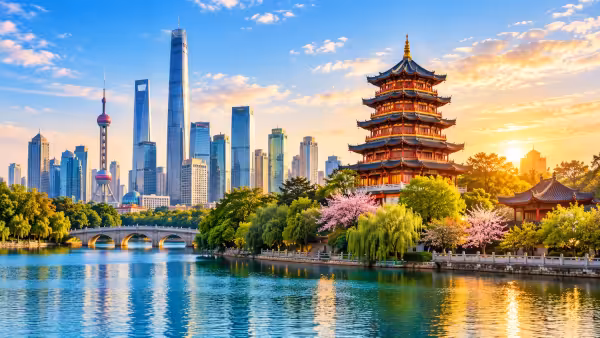 International TEFL teaching destinations with a city skyline and traditional pagoda